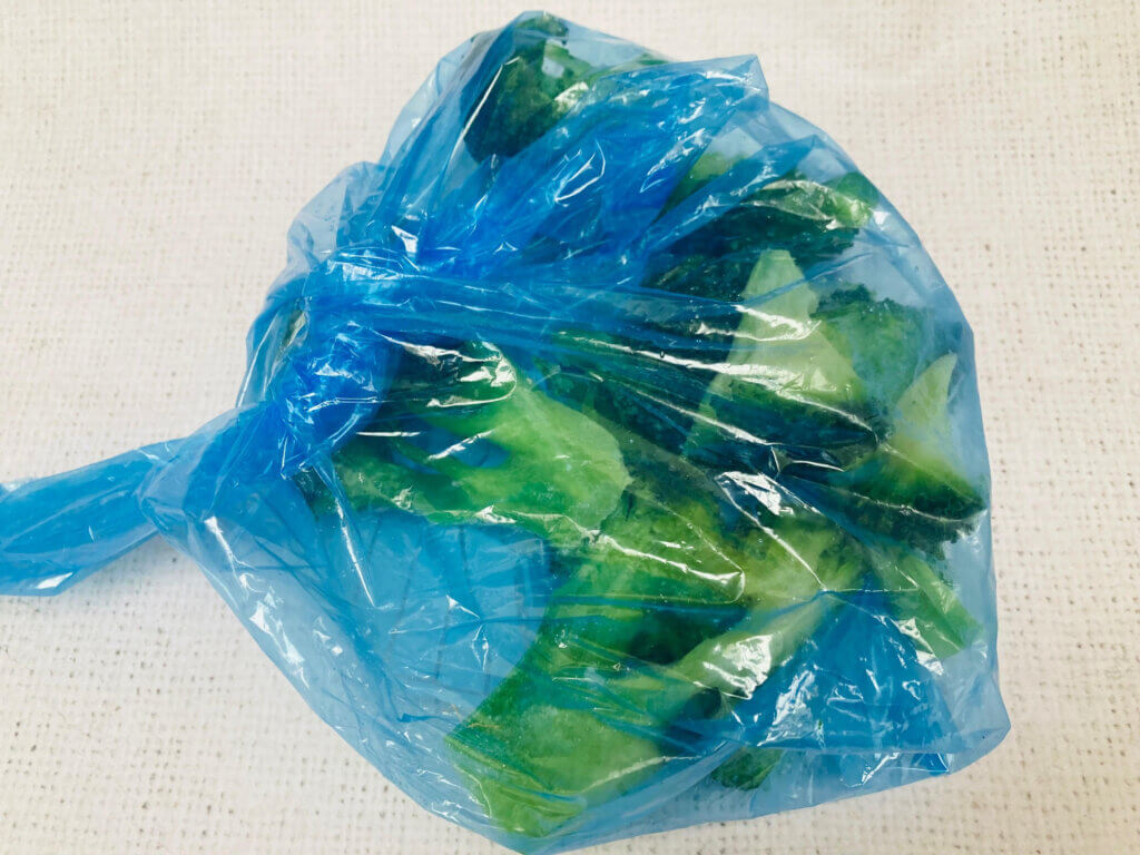 Broccoli florets inside a blue freezer bag on a white background